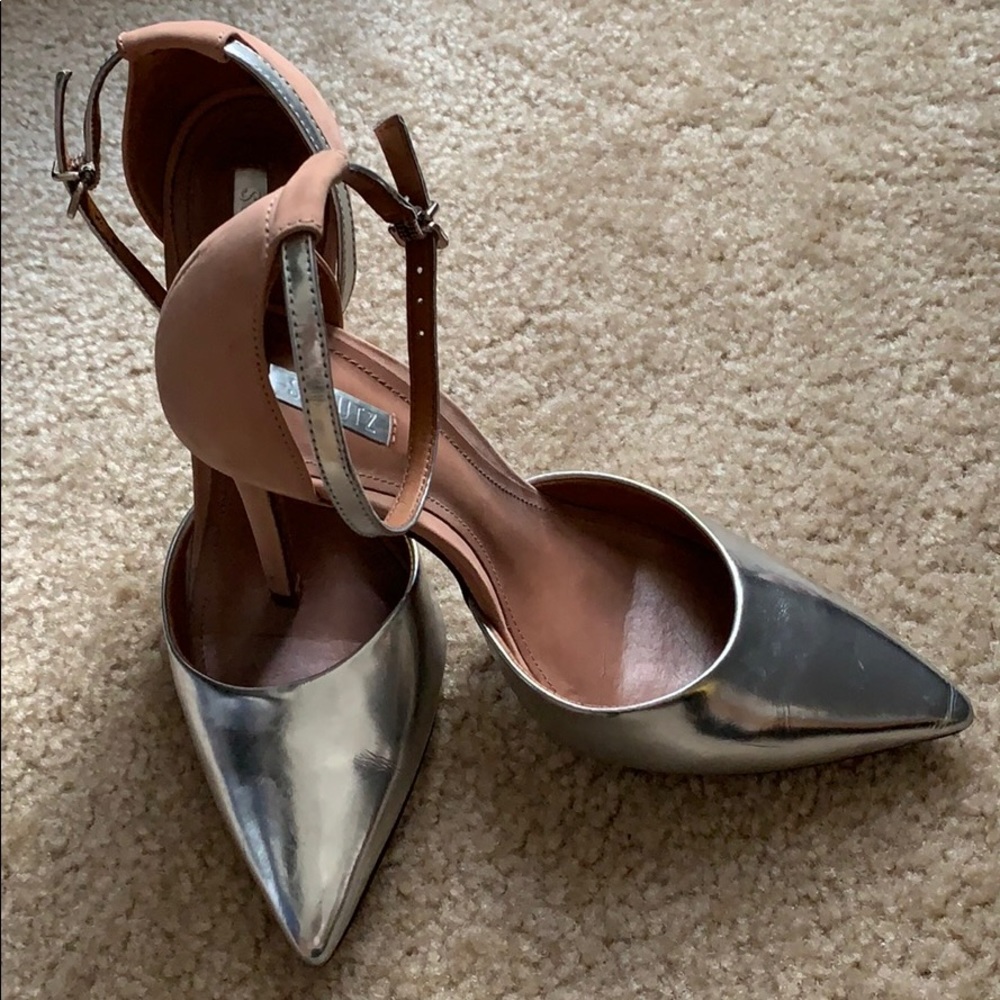SCHUTZ mirrored silver nude ankle strap pumps heel